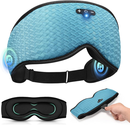 3D Contoured Sleep Mask with Bluetooth Headphones, Adjustable Blackout Sleeping Mask, Easy Installation Sleeping Headphones with Ultra-Thin Stereo Speakers for Men, Women - Embroidered Blue