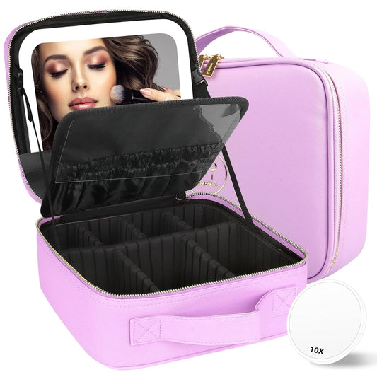 MOMIRA Travel Makeup Bag Cosmetic Bag Makeup Organizer Bag with Lighted Mirror, Adjustable Brightness in 3 Color Scenarios, Waterproof Makeup Train Case, Gift for Women - Purple