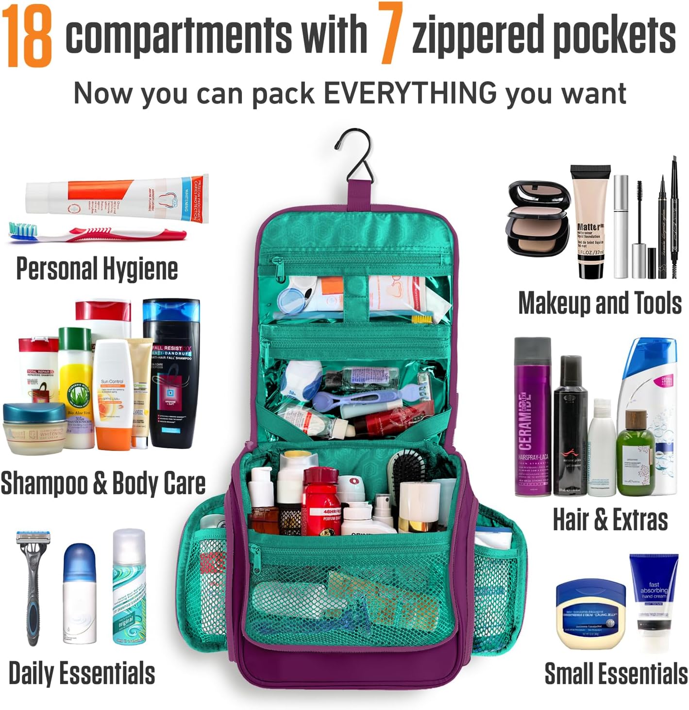 VENTURE 4TH Hanging Travel Toiletry Bag for Women & Men - Travel Organizer with Expandable Compartments & Removable Clear Pouch for Toiletries (Purple/Mint)