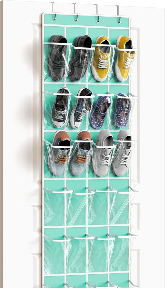 Simple Houseware 24 Pockets - Crystal Clear Over The Door Hanging Shoe Organizer, Turquoise (64'' x 19'')