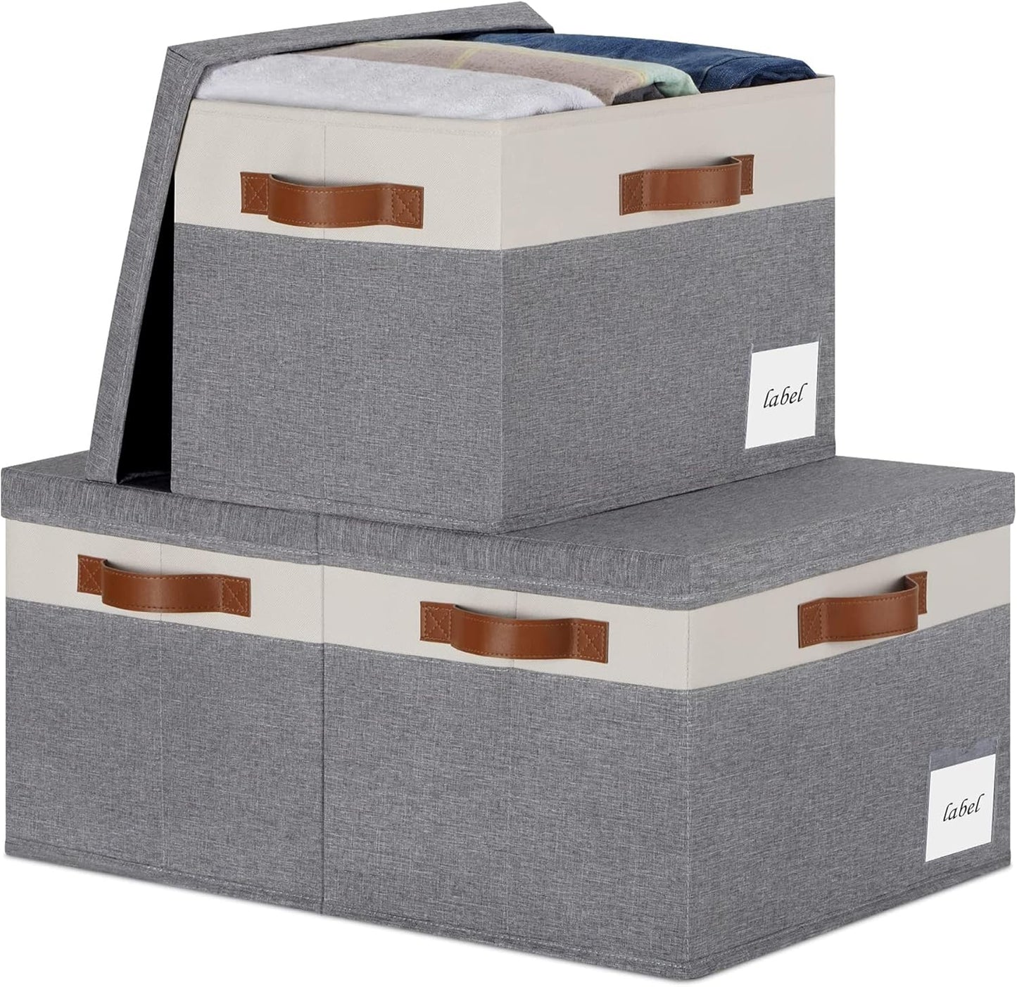 Extra Large Storage Bins with Lids, Foldable Fabric Storage Baskets with Lids, Sturdy Storage Boxes with Labels and 3 PU Handles for Closet Home Bedroom Office (32L, 3 Packs, Grey&White)