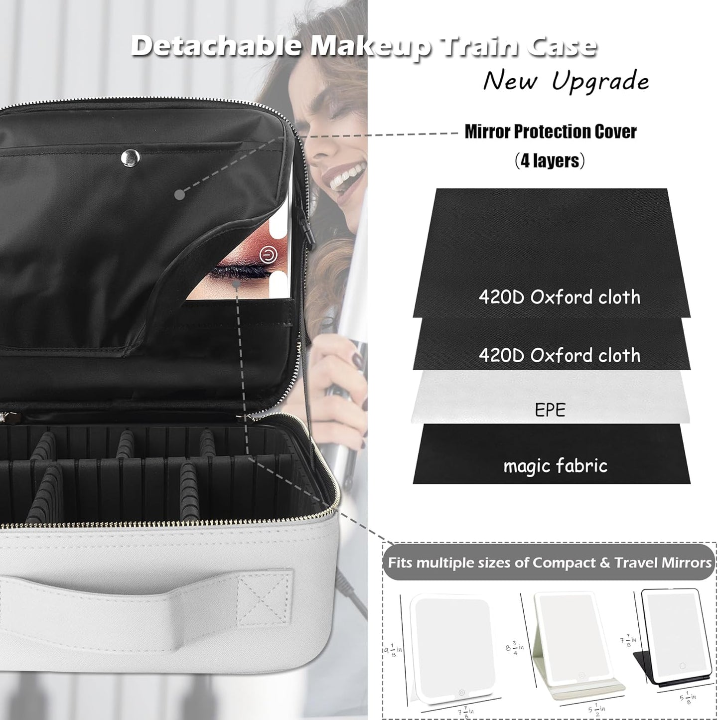 MOMIRA Travel Makeup Bag Cosmetic Bag Makeup Organizer Bag with Lighted Mirror, Adjustable Brightness in 3 Color Scenarios, Waterproof Makeup Train Case, Gift for Women - Silver