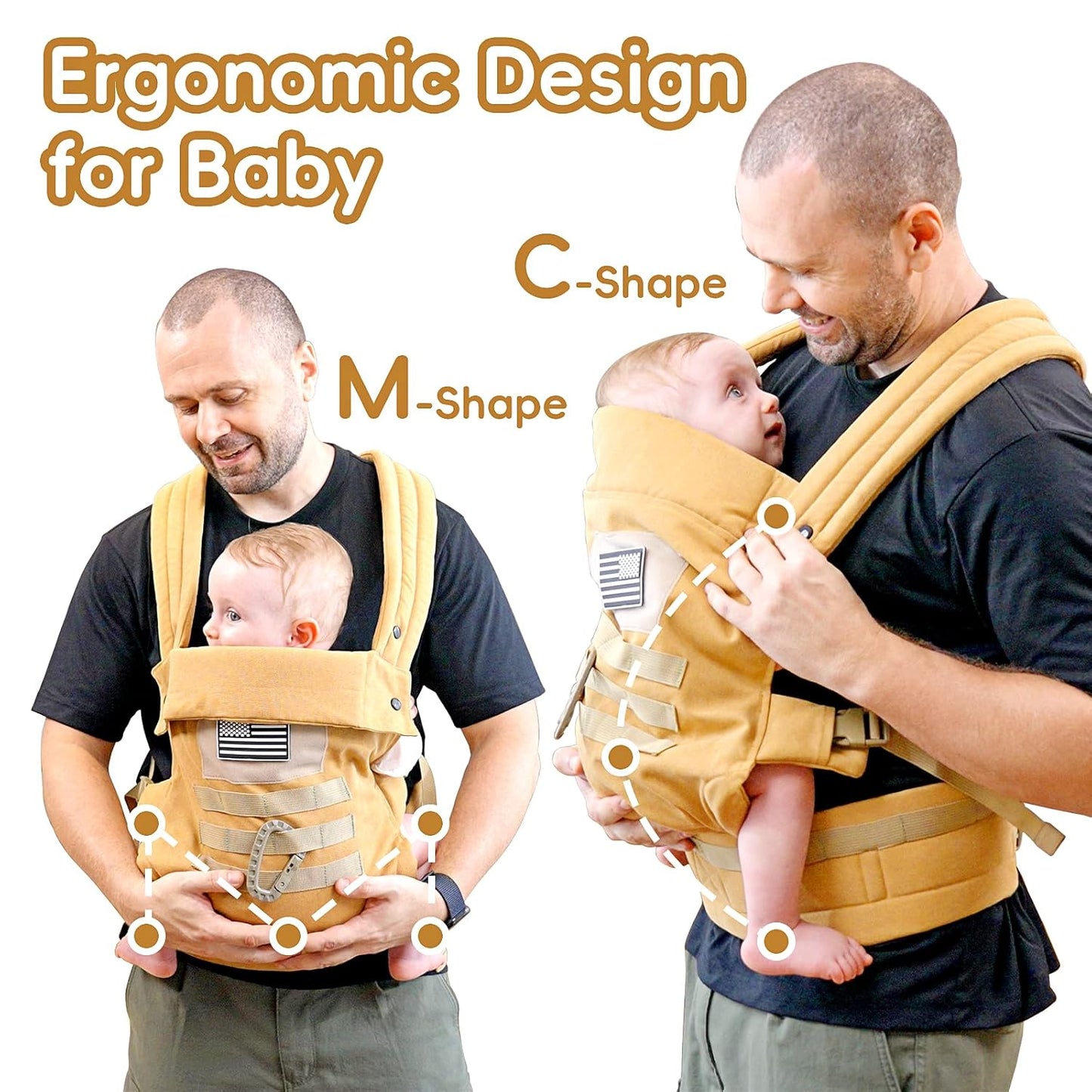 Baby Carrier, Lumbar Support Infant Carrier (0-36M, 8-33 lbs) with Foldable Headrest Carabiners for Big and Tall Parents, Men, Women (Yellow)