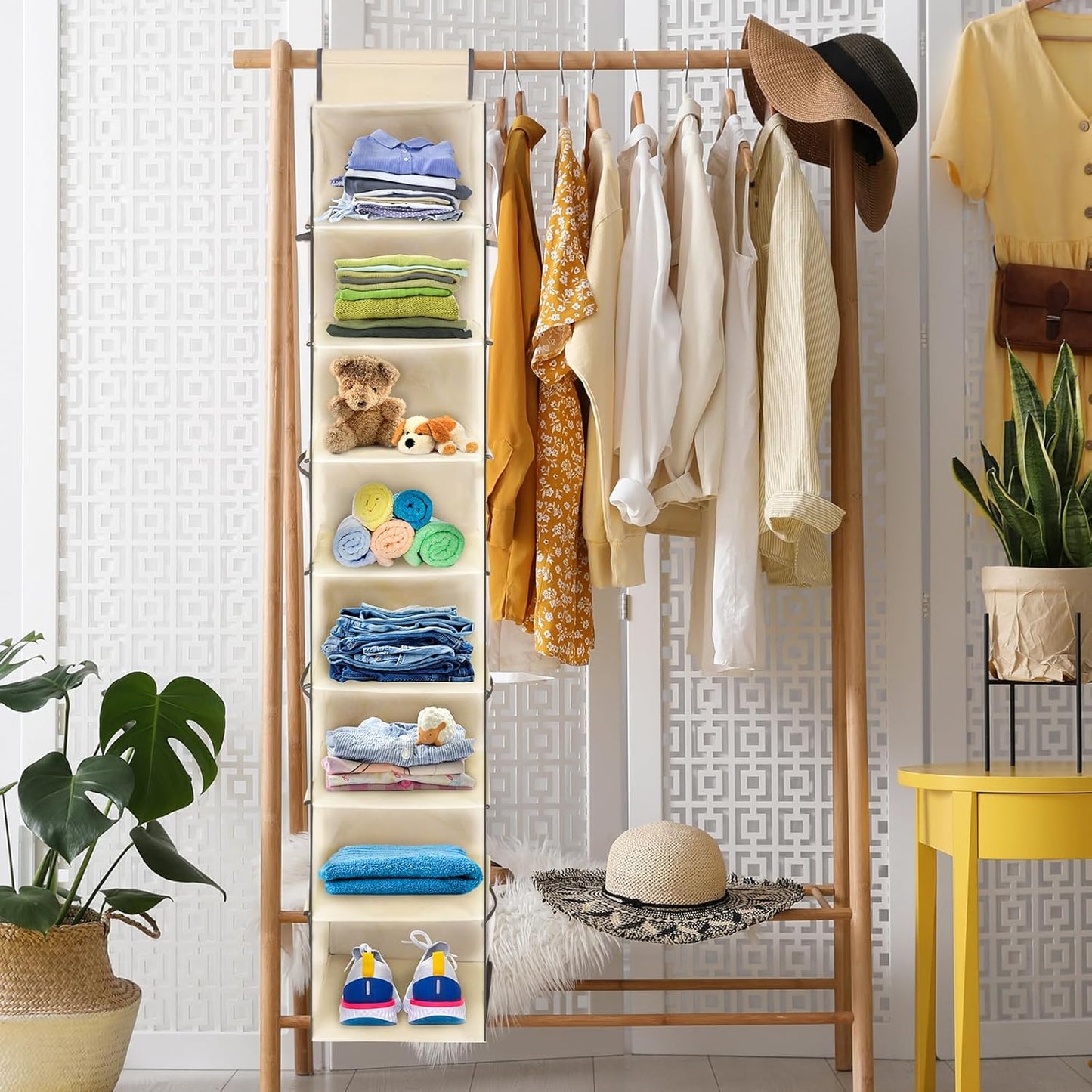 Large-Sized Hanging Shoe Organizer 8-Shelf, Hanging Closet Organizer with 8 Side Pockets, Wider Hanging Shelves for Storage Shoes Clothes 9" W × 11.8" D× 48" H, Beige.