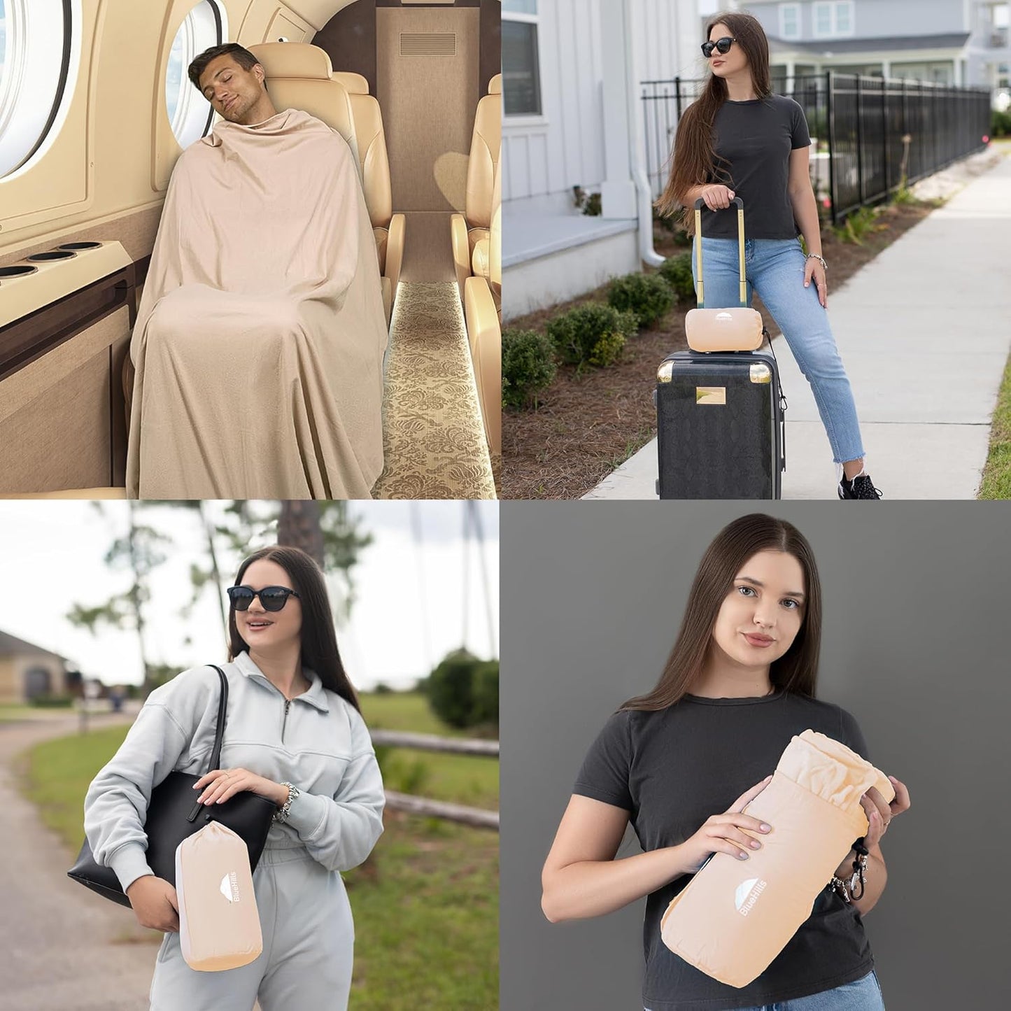 BlueHills Ultra Compact Travel Blanket Pillow for Airplane Traveling Essential Long Flight Trip Throw in Bag Portable Case Large Plane Accessories Beige - C007
