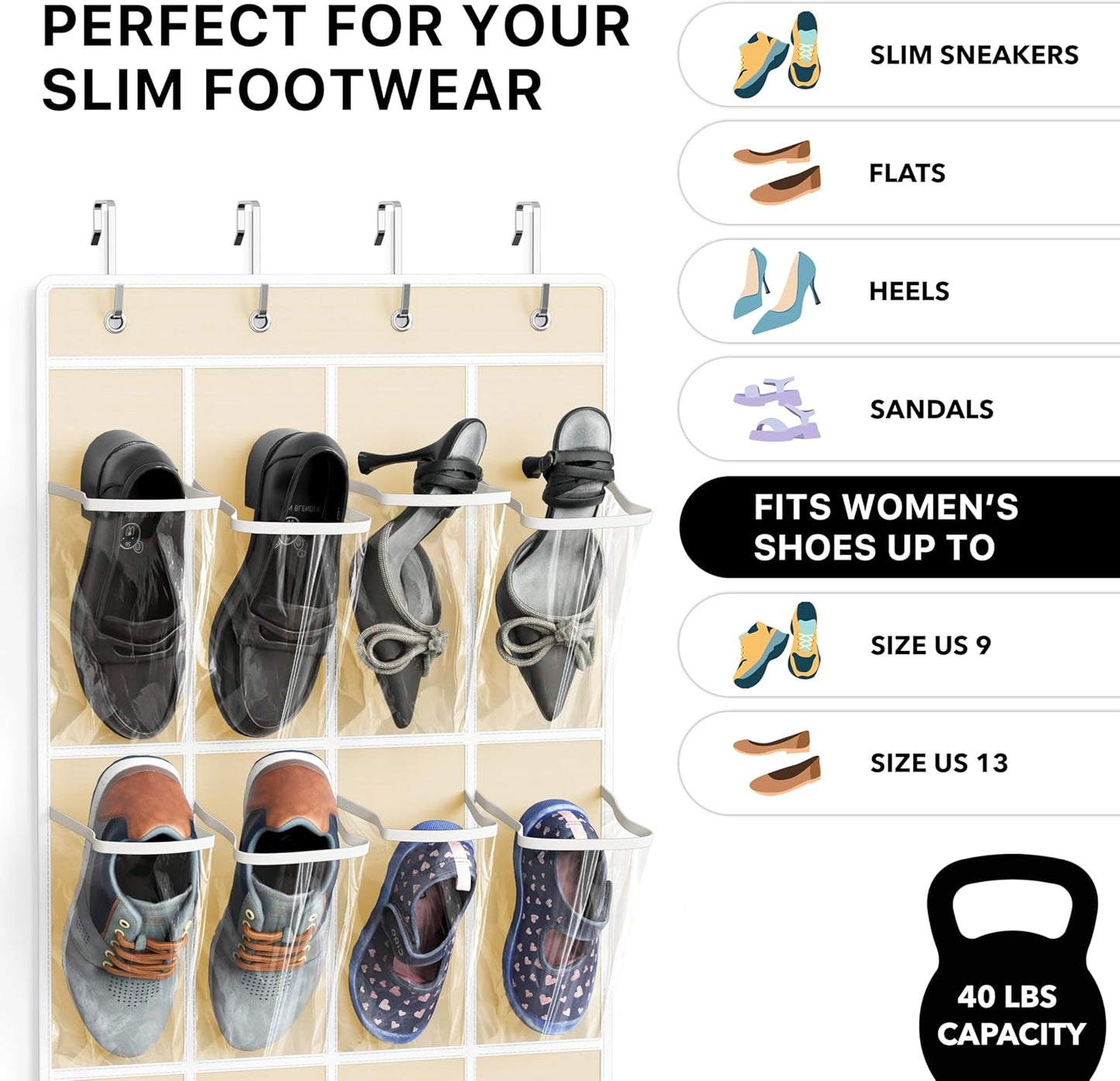 Simple Houseware 24 Pockets - Crystal Clear Over The Door Hanging Shoe Organizer, Beige (64'' x 19'')