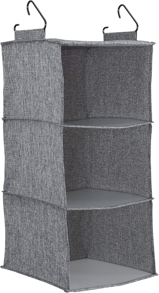 Household Essentials 3 Shelf Hanging Closet Organizer, Hanging Shelf with Hooks, Poly Linen and PEVA Shelving