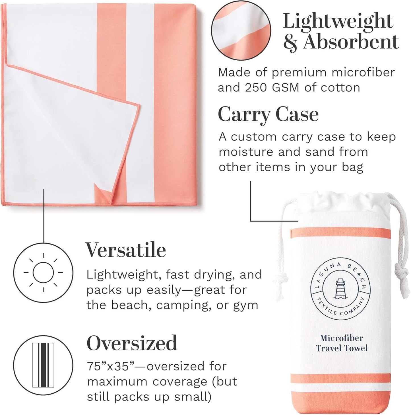 Coral Microfiber Beach Towel by Laguna Beach Textile Co - Sand Free, Light Weight Striped Pool Towel - Perfect for Yoga, Gym, Beach, Pool - Extra Large, 35" x 75"