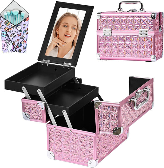 Makeup Case Organizer,Makeup Train Case, Trays Cosmetic Box Portable, Profesional for Salon Barber,Pink