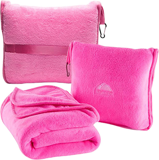 BlueHills Premium Soft Travel Blanket Pillow Airplane Blanket Packed in Soft Bag Pillowcase with Hand Luggage Belt and Backpack Clip, Compact Pack Large 2 in 1 Combo for Any Travel (Pink T004)