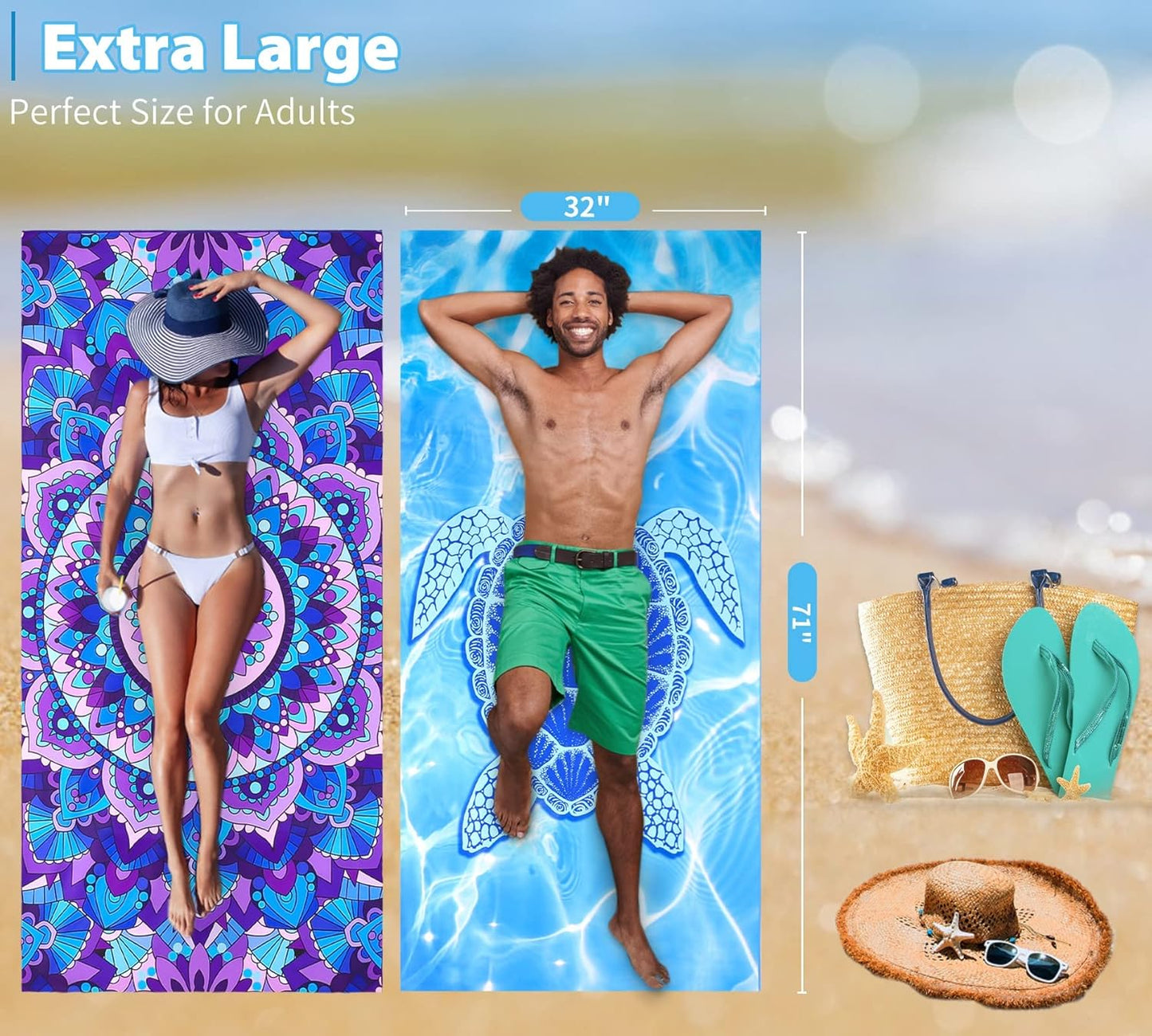 6 Pack Microfiber Thin Lightweight Beach Towel Oversized 71x32 Extra Large Sand Free Towels for Travel Swim Pool Yoga Gym Camping for Adults Women Men Beach Essentials Accessories Vacation Gift