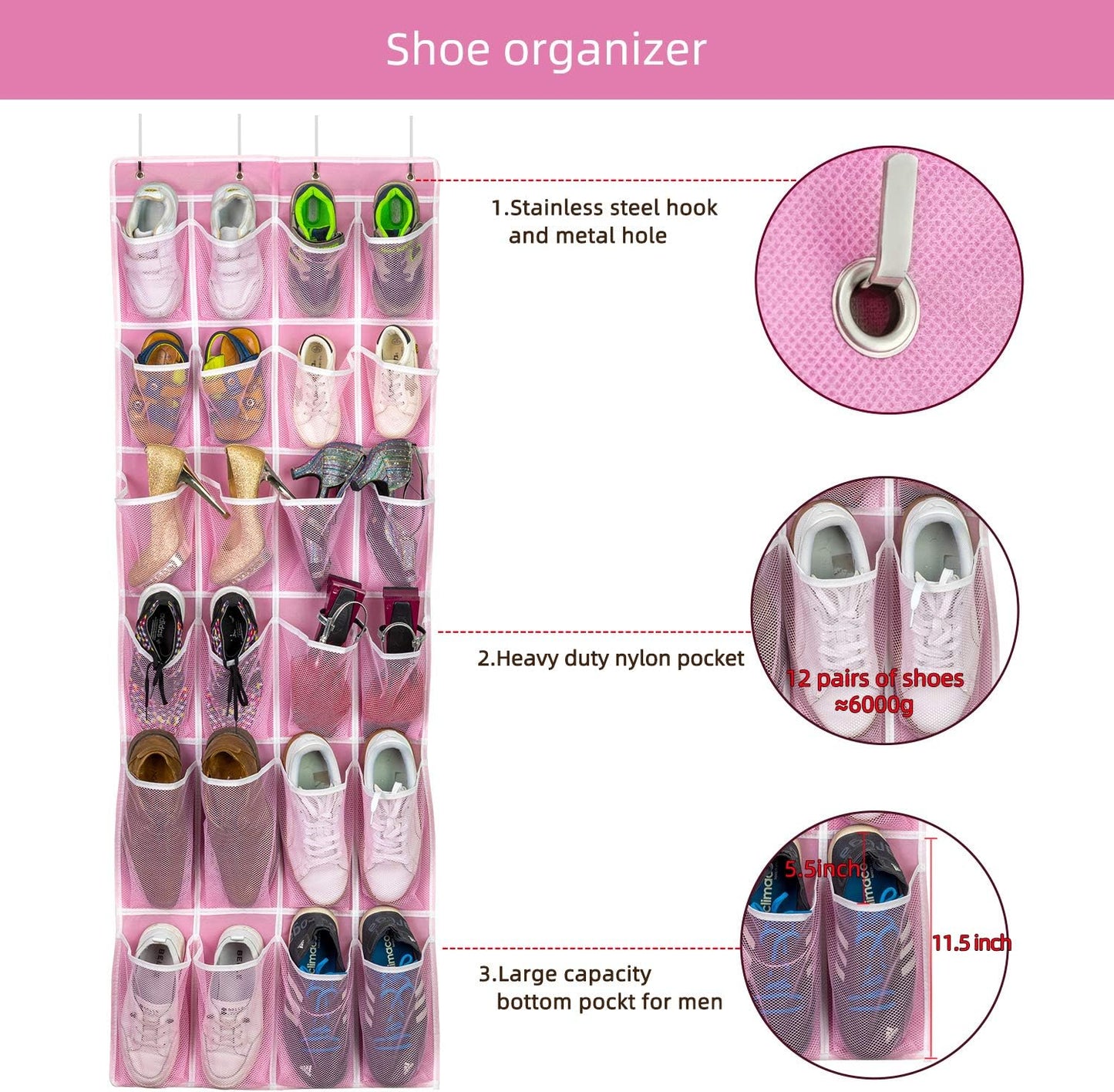 Hanging Shoe Organizer, Over The Door Shoe Organizer with 24 Breathable Mesh Pockets for Men Women Kids Hanging Shoe Storage Rack Organizer Size:58x21 Inch（Pink）