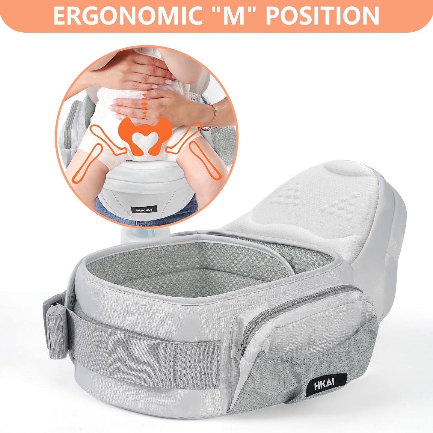HKAI Baby Hip Carrier, Mom’s Choice Award Winner, Baby Carrier with Adjustable Waistband & Breathable Mesh, Ergonomic Carrier with Non-Slip Hip Seat Surface for Newborns & Toddlers, Light Grey