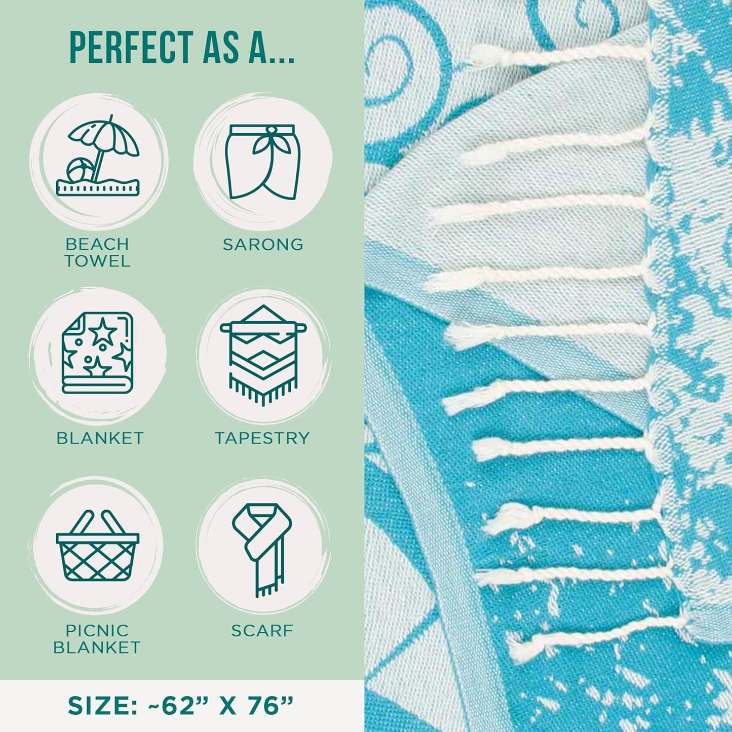 Sand Cloud Extra Large Turkish Beach Towel - Free 100% Organic Cotton Yarn Quick Dry for Beach, Picnic, Blanket or Bath As Seen on Shark Tank Marine Life (Crush Turtle Teal)