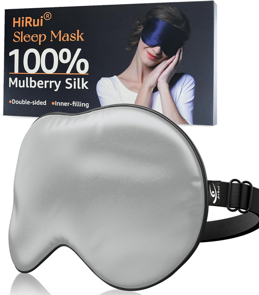 HiRui Silk Sleep Mask, 100% Natural Mulberry Silk of Double-Sided & Inner-Filling, Ultra-Smooth Soft, Adjustable Strap, Blocks Light for Night Sleeping, Travel, Office Naps (Gray)