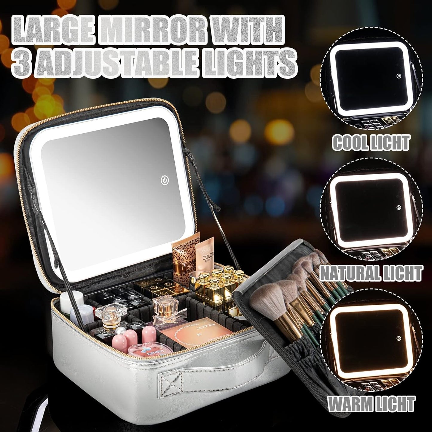 Makeup Travel Train Case with Mirror LED Light 3 Adjustable Brightness Large Cosmetic Bag Portable Storage Adjustable Partition Waterproof Make up Brushes Makeup Jewelry Gift for Women
