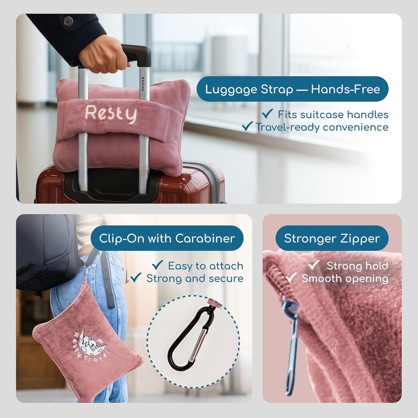 Resty 65"x40" Traveling Airplane Blanket, Pink – Lightweight, Velvety Soft Blanket That Becomes a Travel Pillow – Must-Have Comfort for Planes & Road Trips – Travel Essentials for Women & Men