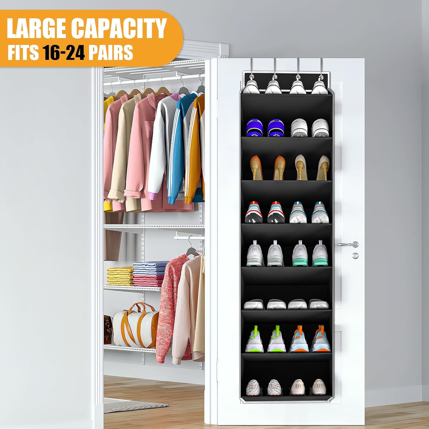 Over The Door Shoe Organizer Storage Fit 16-24 Pairs Hanging Shoe Rack Organiser for Closet Door, Deep Pocket Shoe Holder for Sneakers,Boots Storage(1 Pack Black)