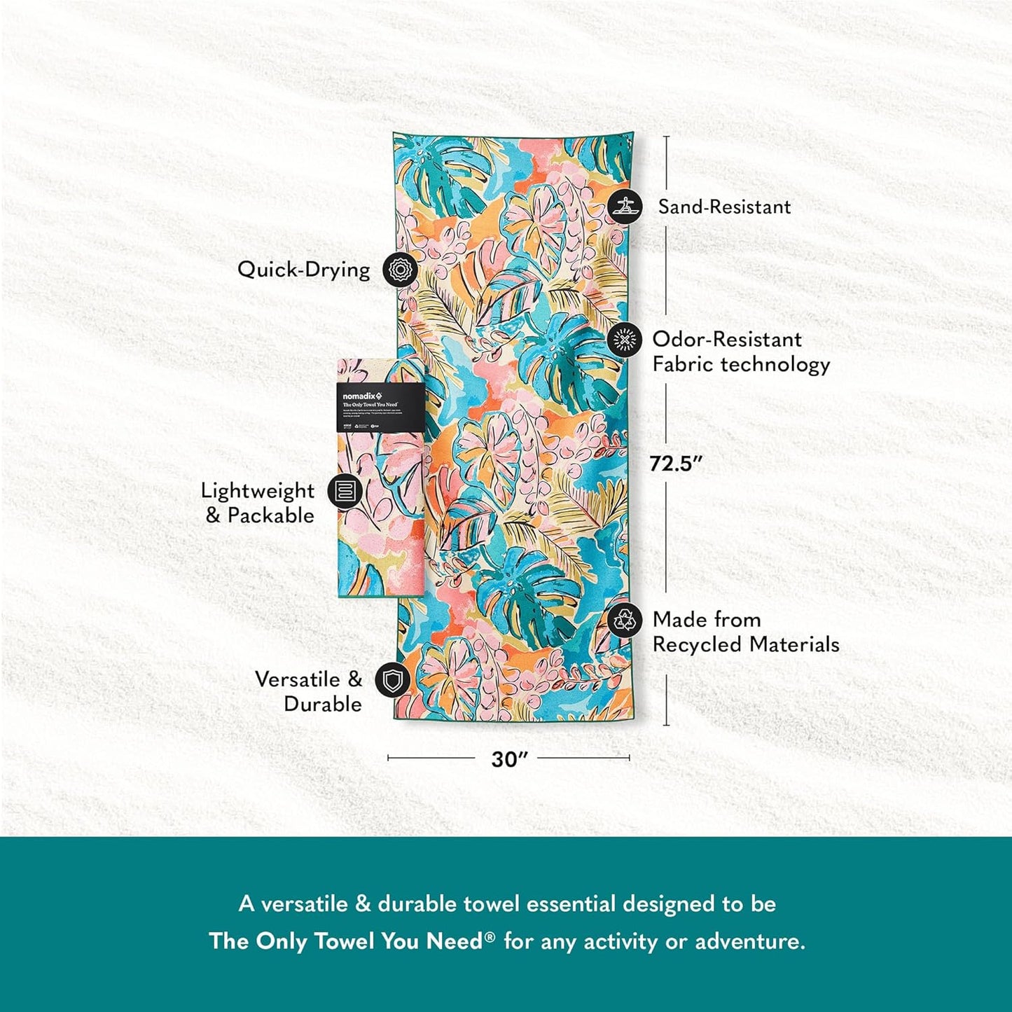 Nomadix Original Towel - Perfect for Beach, Pool, Travel, Camping, Yoga - Made with Recycled Materials - Super Absorbent - Sand Resistant - Jungle - 72.5x30