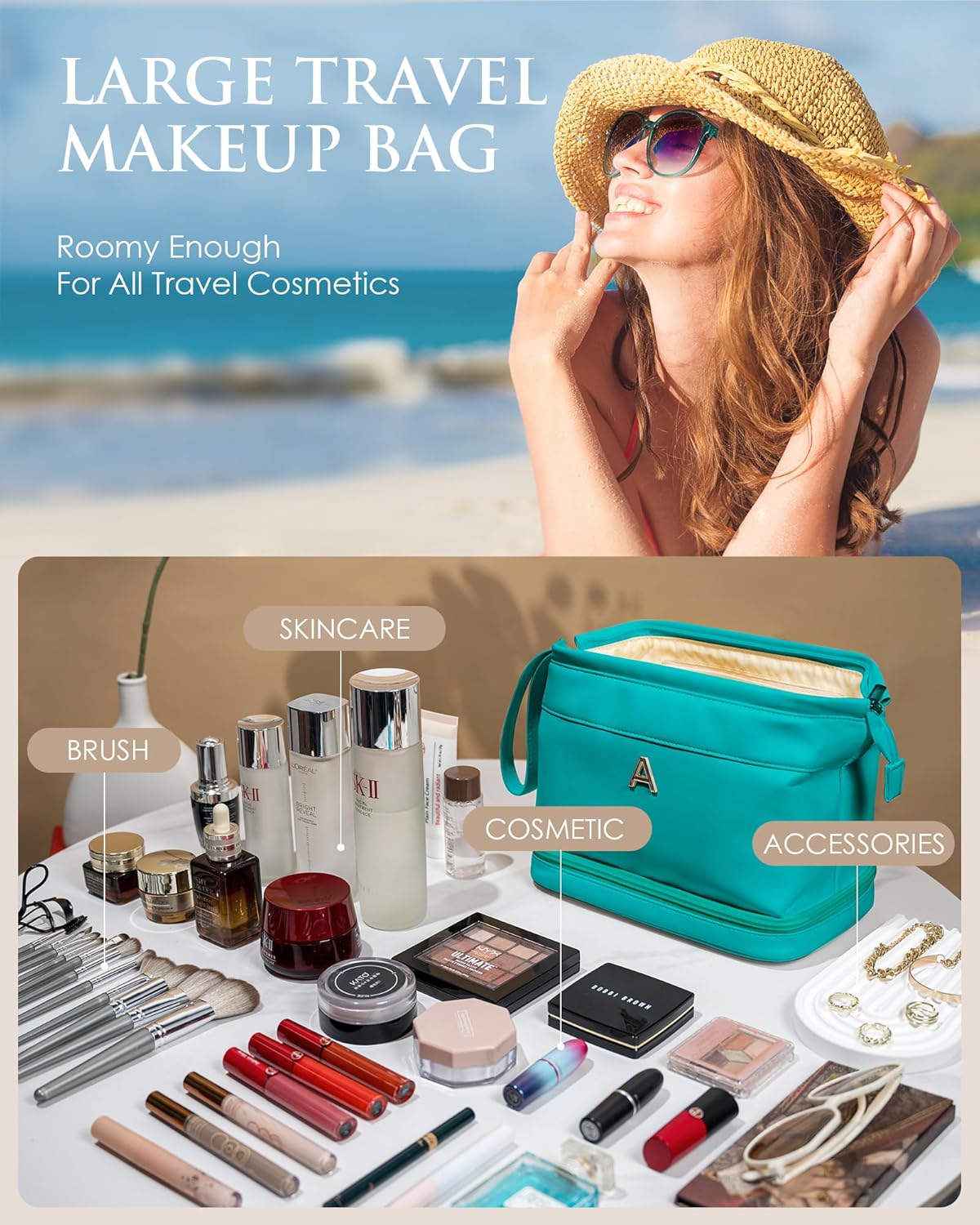 Wedding Gifts, Birthday Gift for Her, Makeup Bags, Waterproof Double Layer Cosmetic Bag, Large Capacity PU Leather Makeup Bags Letter Travel Toiletry Bag, Initial Gifts for Coworkers