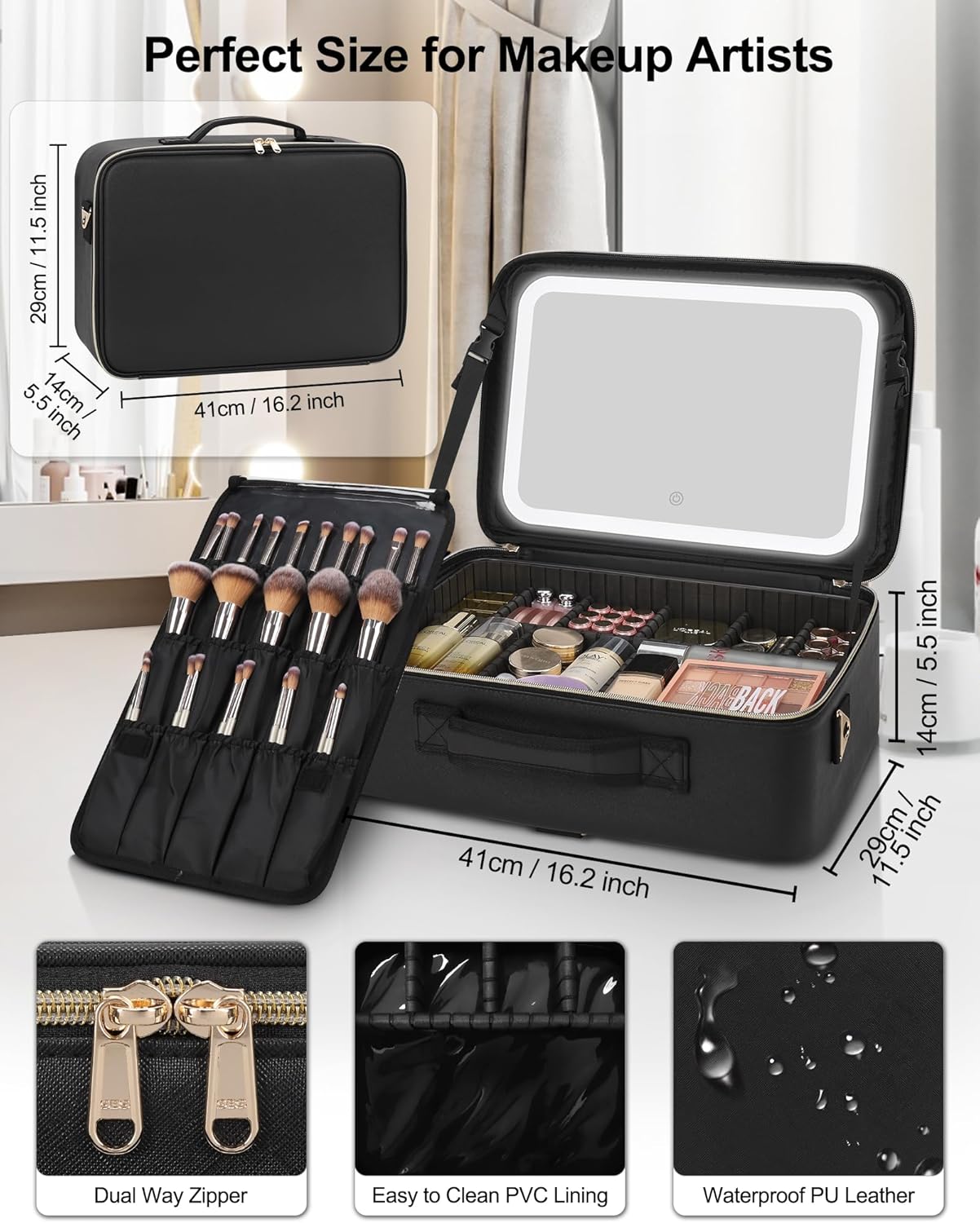 Chomeiu Makeup Bag with LED Mirror, Large Train Case for Makeup Artists, 16.2 inches Travel Professional Cosmetic Organizer with Light Up Mirror, 3 Color Lights, Brush Holder & Shoulder Strap (Black)