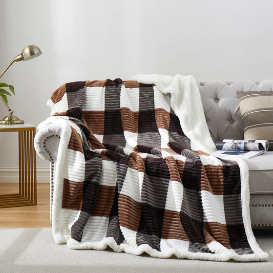 PU MEI Sherpa Blanket Twin Plaid Thick Bed Blanket, 60”*80” Super Soft Flannel Fuzzy Fleece Reversible Velvet Plush Warm Blanket for Couch(Brown-Check, 60"*80")