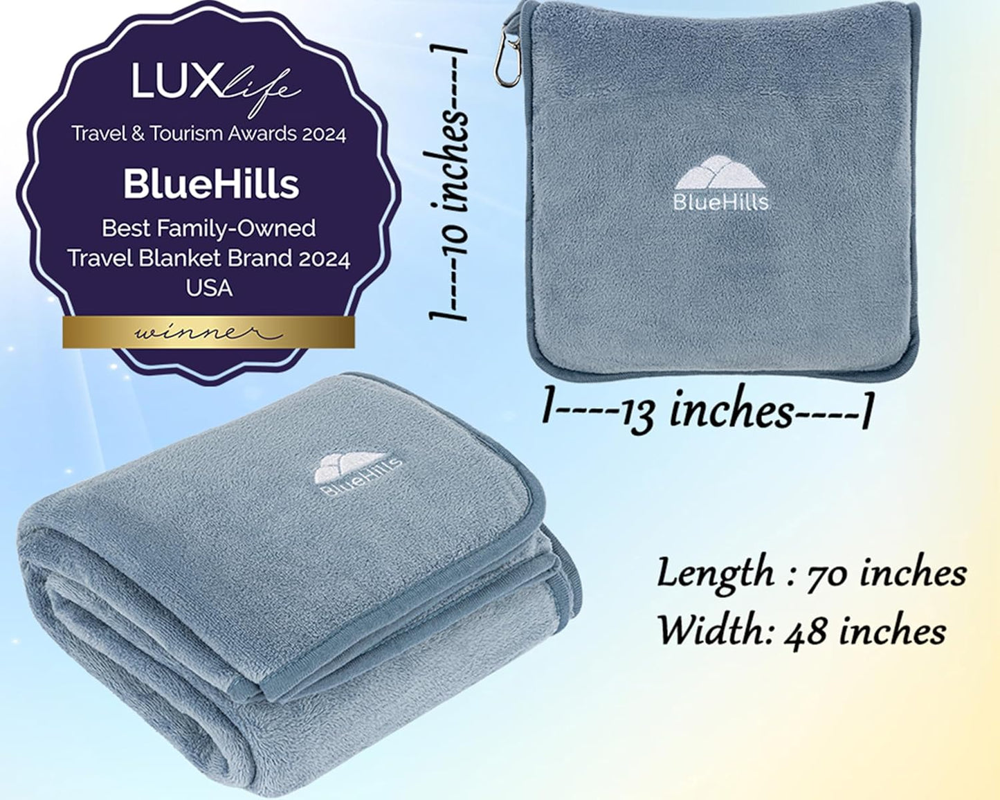BlueHills Premium Soft Long Travel Blanket Pillow for Tall Airplane Flight Essentials Large Compact 2 in 1 Airline Throw Packable Warm Plane Traveling Comfort Accessories Grayish Blue T056