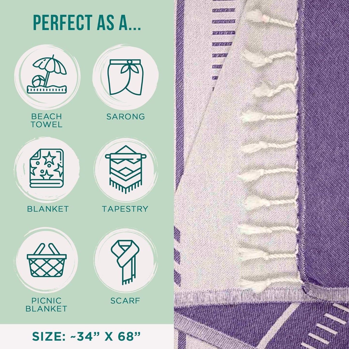 Sand Cloud Turkish Beach Towel - Sand Free - 100% Organic Turkish Cotton Yarn - Quick Dry Towel for Beach, Picnic, Blanket or Bath Towel - As Seen on Shark Tank - Santa Fe (Purple)