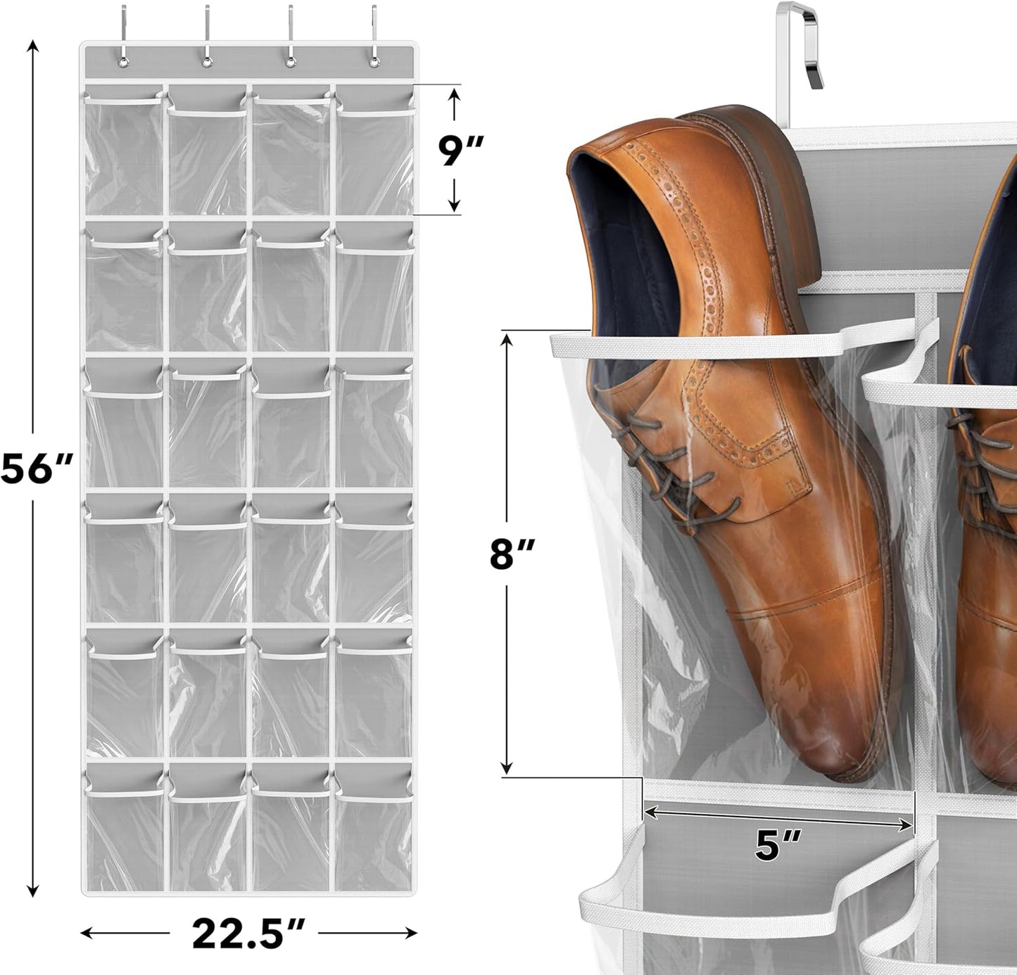 Simple Houseware 24 Pockets Large Clear Pockets Over The Door Hanging Shoe Organizer, Gray (56" x 22.5")