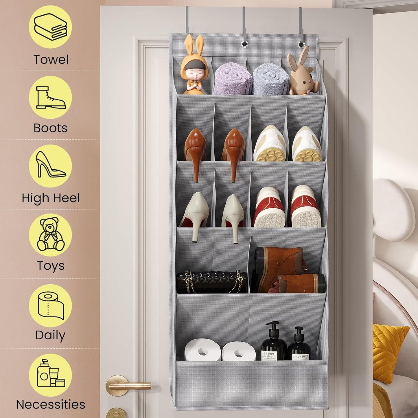 Over the Door Shoe Organizer for Closet, Shoes Rack for Closet with 15 Large Pockets, Hanging Shoe Organizers for Boot Storage, Behind the Door Narrow Shoe Holder for Small Shoes, Grey