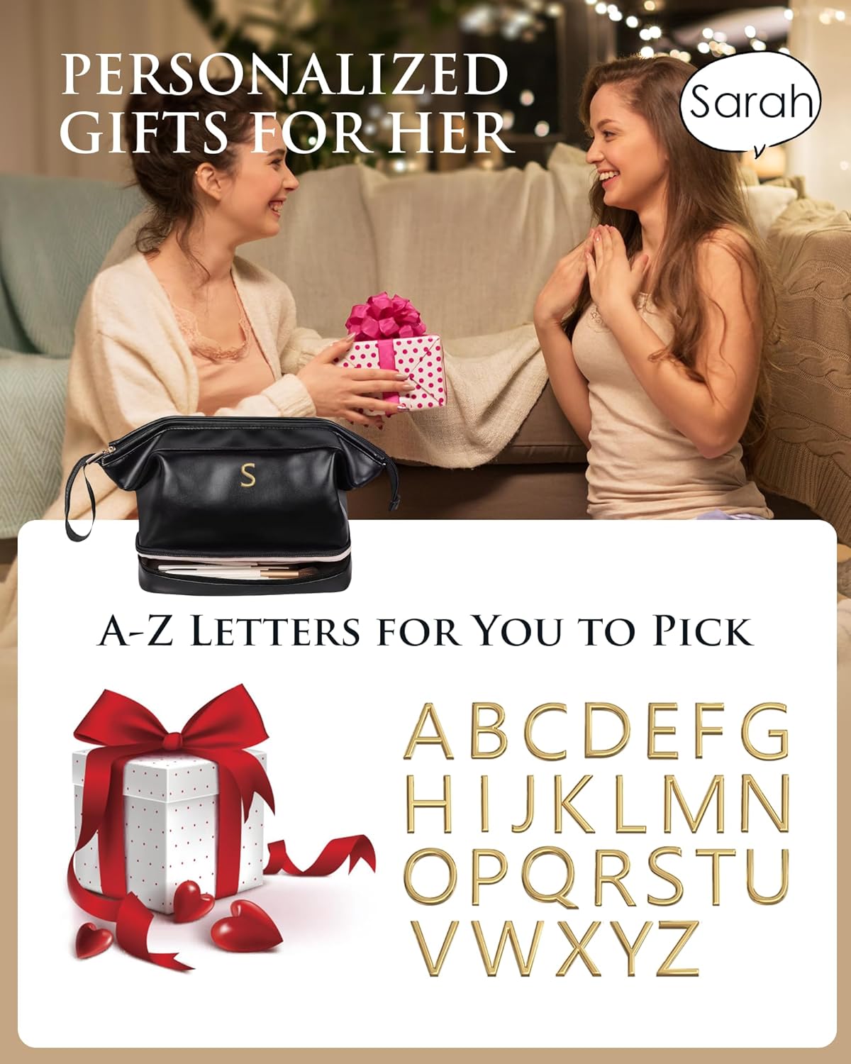 Make Up Bag-Initial Makeup Bags for Teens Girls, Dance Gifts Double Layer Cosmetic Bag with Makeup Brush Organizer, Teen Girl Gifts Trendy Stuff, Gifts for Friends Female Mom