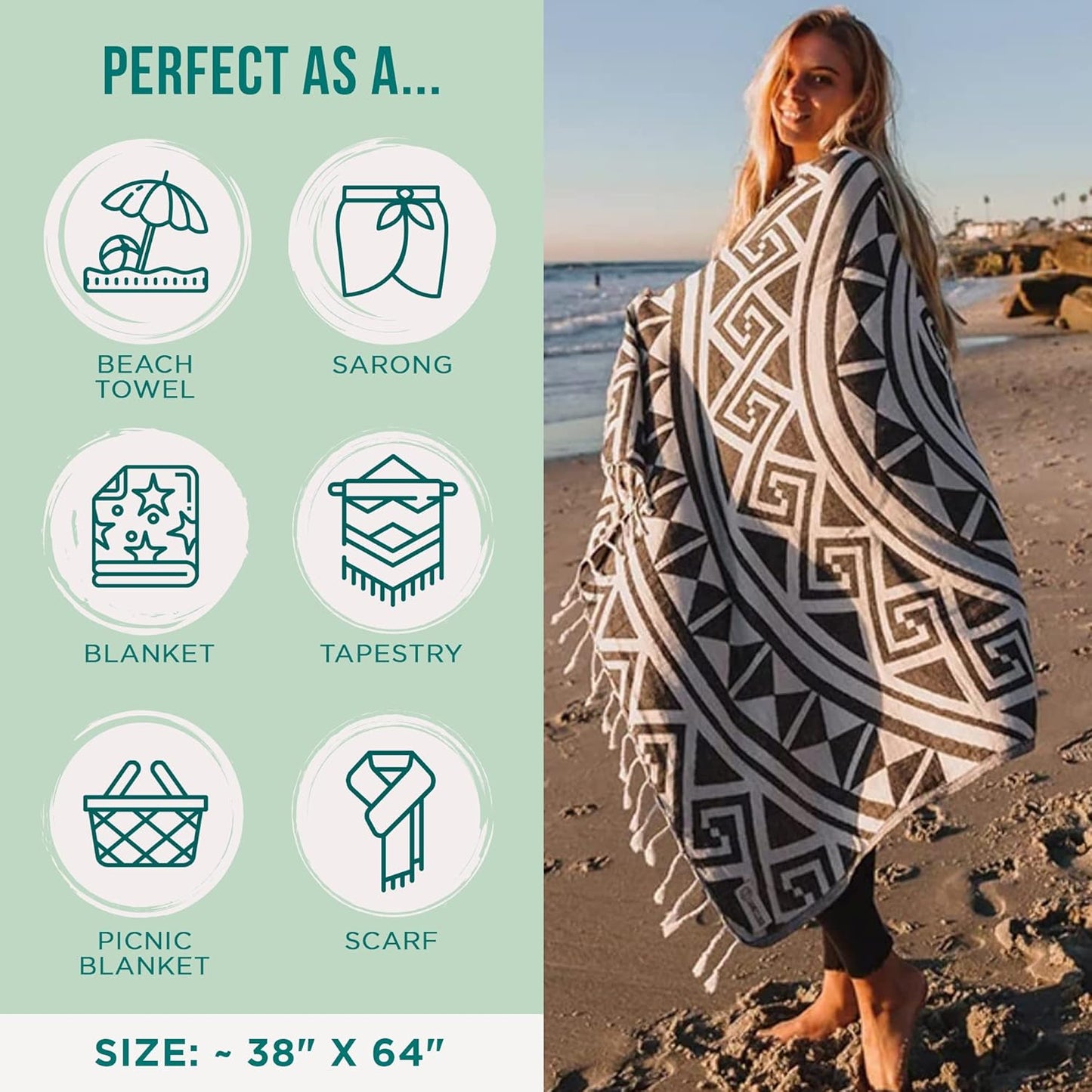 Sand Cloud Turkish Beach Towel - Sand Free - 100% Organic Turkish Cotton Yarn - Quick Dry Towel for Beach, Picnic Blanket or Throw - As Seen on Shark Tank - Mandala (Dark Grey)