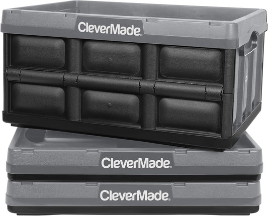 CleverMade Collapsible Storage Bins - Stone 3 Pack 32L - Stackable Containers Heavy Duty Capacity Folding Crates - Space-Saving for Home