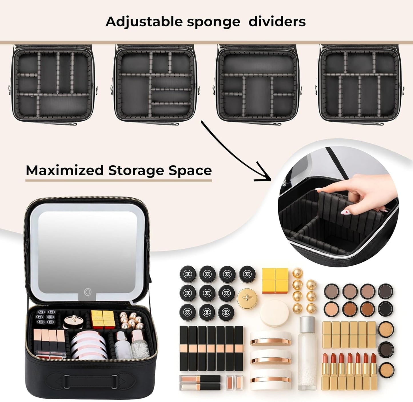 Makeup Bag with LED Mirror, PU Leather Makeup Case - 3 Adjustable Brightness Levels, Lighted Cosmetic Case with Mirror, Dividers - Make Up Portable Storage Travel Organizer with Handle