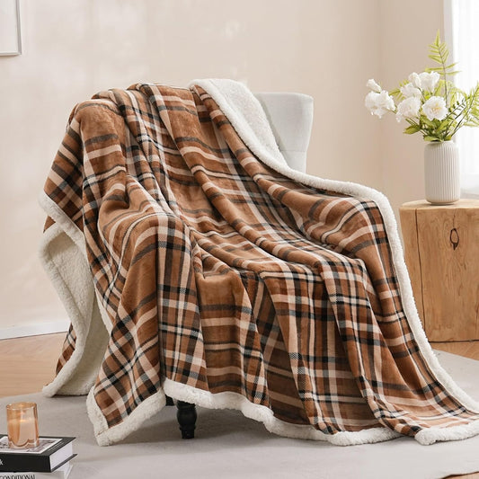 PU MEI Sherpa Fleece Throw Blanket 80" x 90" Reversible Plush Fluffy Large Big Blanket Lattice Flannel Blankets for All Season Use, Mocha Brown