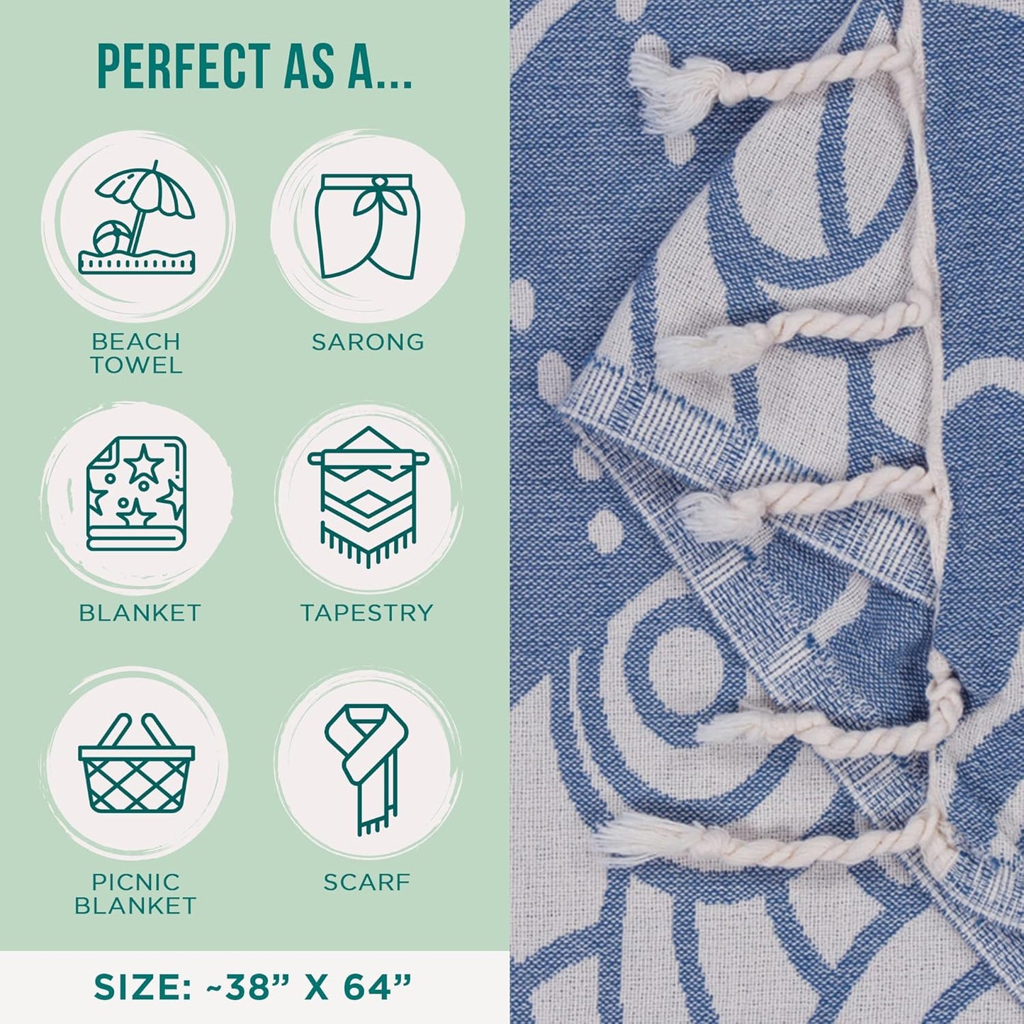 Sand Cloud Turkish Beach Towel - Sand Free - 100% Organic Turkish Cotton Yarn - Quick Dry Towel for Beach, Picnic, Blanket or Bath Towel - As Seen on Shark Tank - Marine Life (Whale Shark)