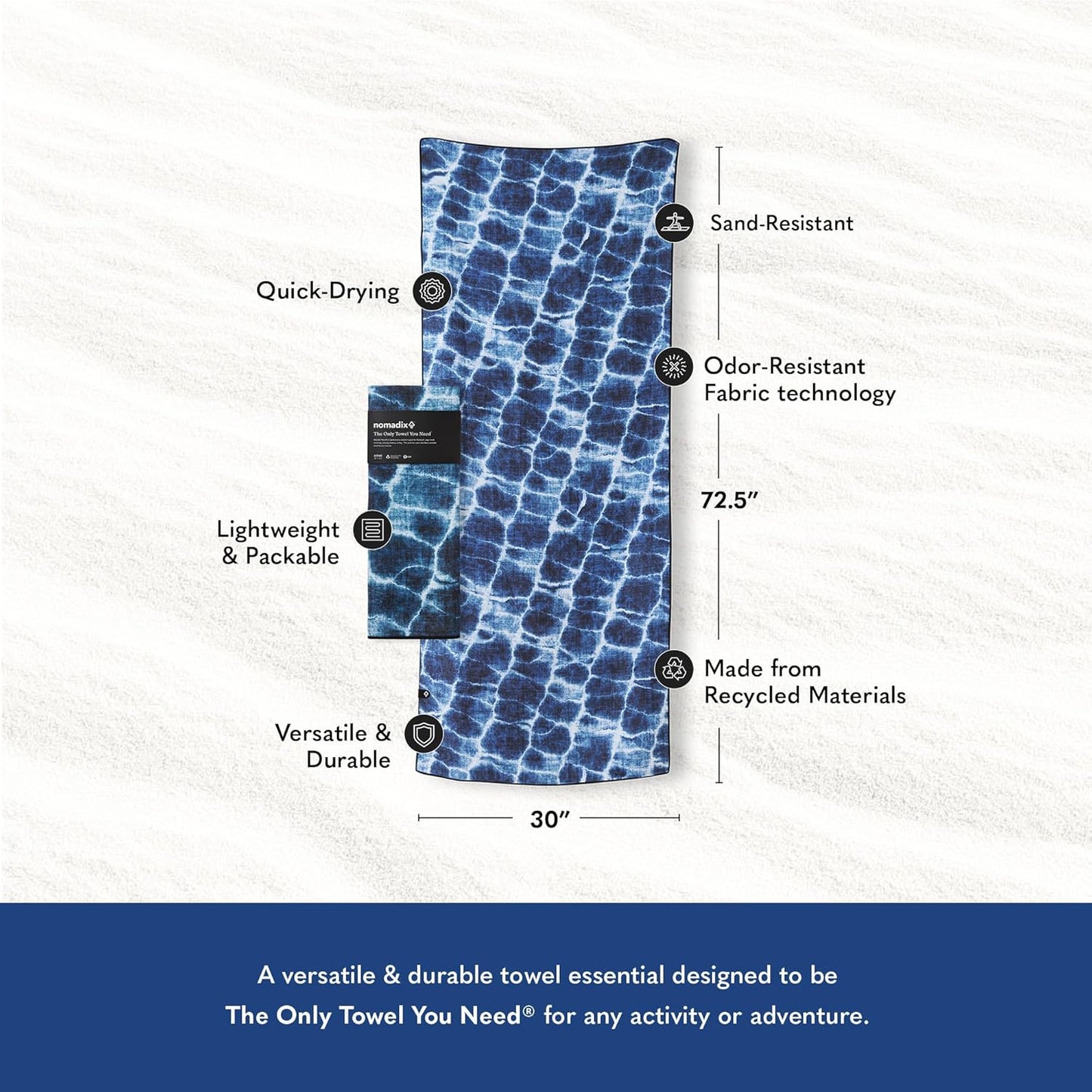 Nomadix Original Towel - Perfect for Beach, Pool, Travel, Camping, Yoga - Made with Recycled Materials - Super Absorbent - Sand Resistant- Aqua Blue - 72.5x30