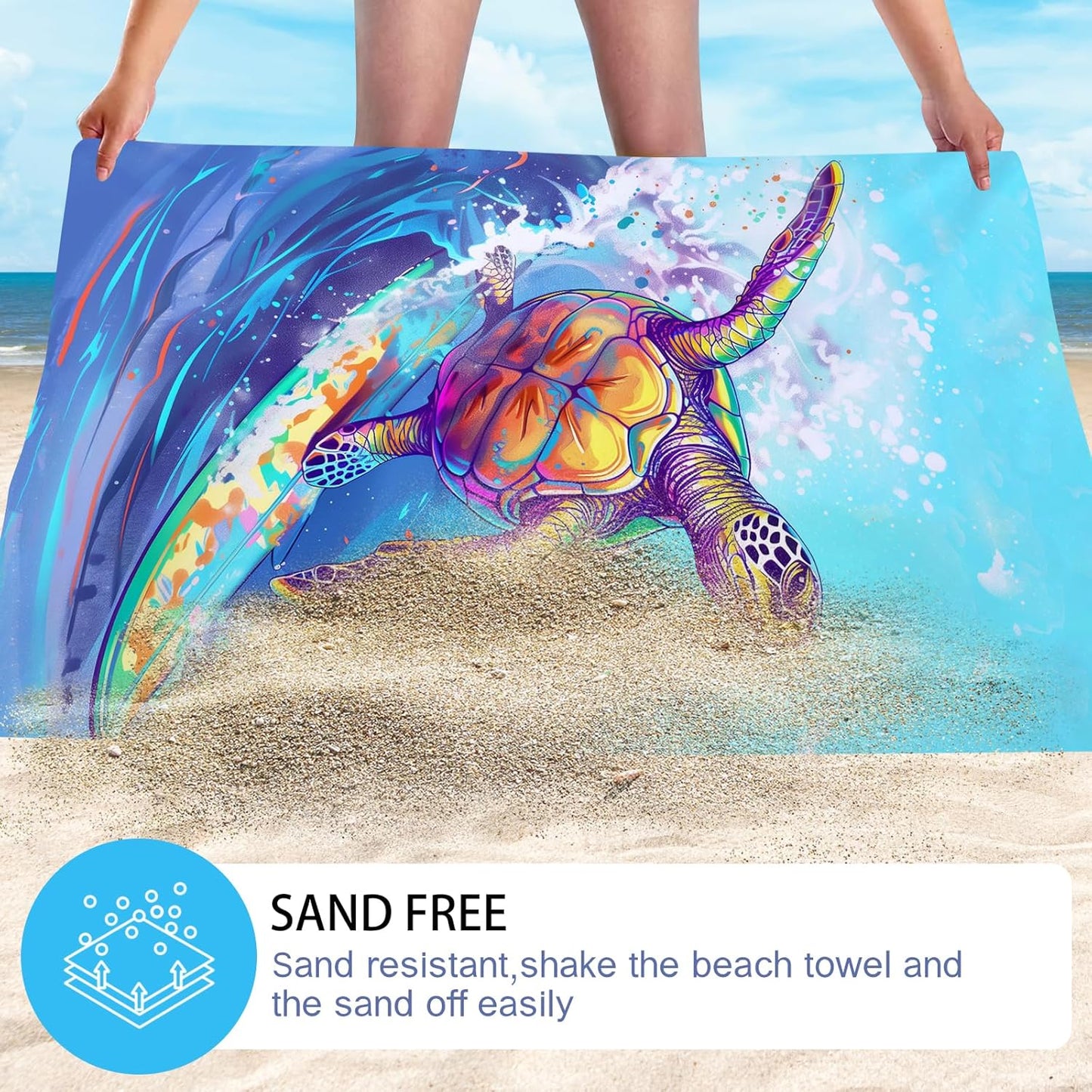 WZOMT Microfiber Turtle Beach Towel Oversized, Funny Sea Turtle Surfing Blue Ocean Pool Towel, Quick Dry Animal Print Bath Towel, Soft Absorbent Towels for Swim Travel Yoga Sports 32x52 Inch
