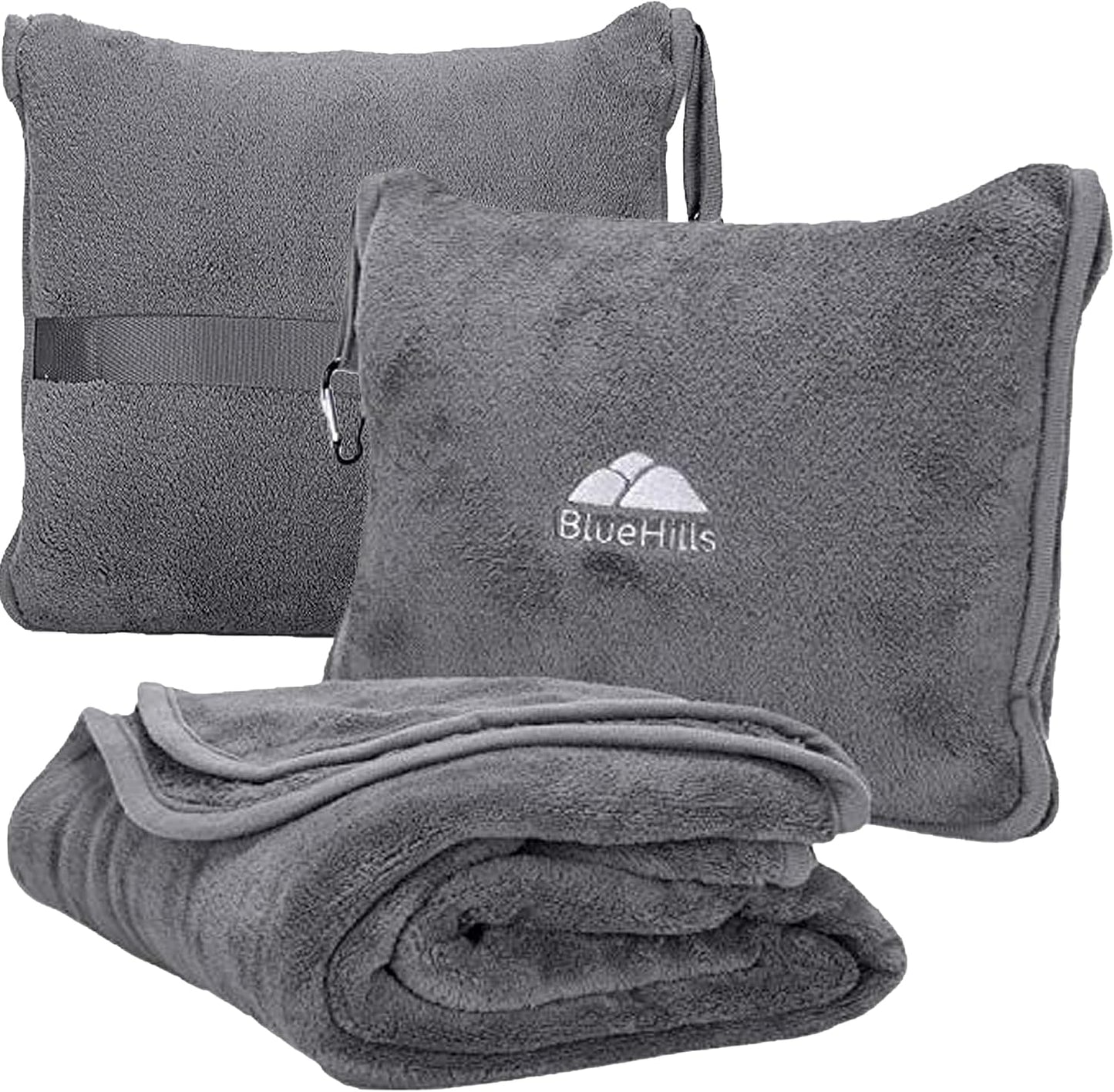 BlueHills Premium Soft Travel Blanket Pillow Airplane Flight Blanket Throw Bag Pillowcase Compact Large 2 in 1 Combo Warm Traveling Plane Essentials Portable Gifts Lightweight Grey Gray T007