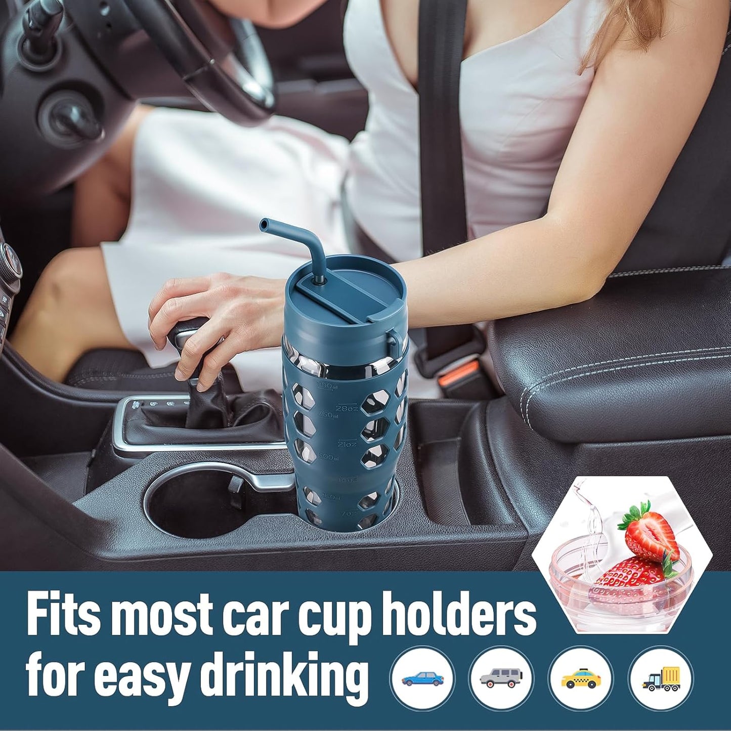 MUKOKO 32 oz Glass Tumbler with Straw,Glass Water Bottles with Time Marker,Iced Coffee Cup with 2 Lids-Handle Spout Lid&Straw Lid,Silicone Sleeve,Leakproof,1 Pack-Blue