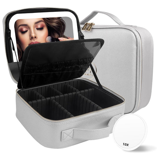 MOMIRA Travel Makeup Bag Cosmetic Bag Makeup Organizer Bag with Lighted Mirror, Adjustable Brightness in 3 Color Scenarios, Waterproof Makeup Train Case, Gift for Women - Silver