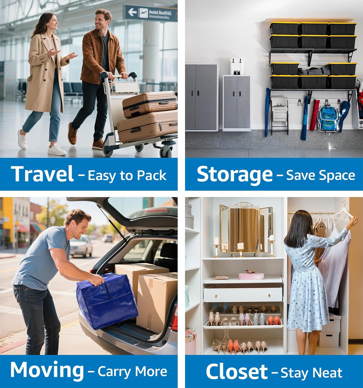 6 Pack Heavy Duty Moving Bags with Padded Wrap Around Handles-Strengthened Zipper Extra Large Storage Totes for Dorm College Clothes