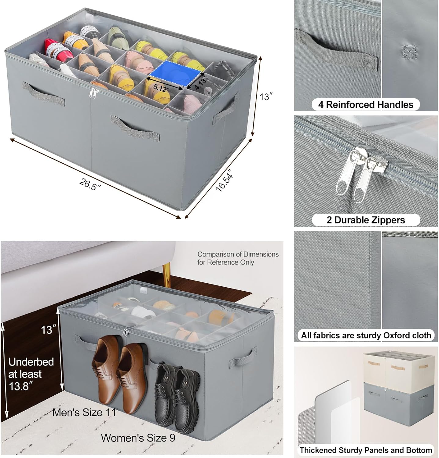 Shoe Organizer for Closet, Foldable Shoe Box with Adjustable Dividers and Clear Cover, Space Saving Shoe Storage Organizer Cabinet with Reinforced Handles, Fits 20 Pairs, Gray, TP10G
