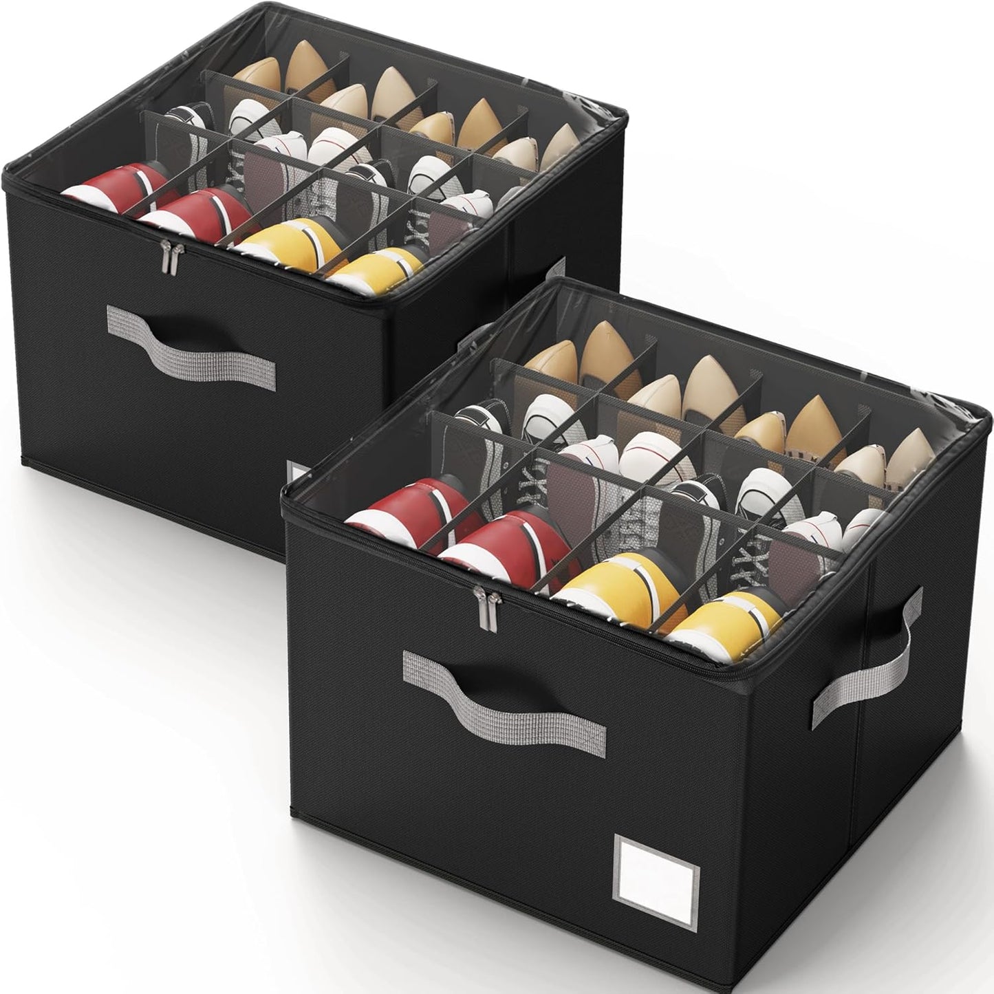 Criusia Shoe Organizer for Closet, Foldable Shoe Storage Organizer with Clear Cover and Sturdy Handles, Fit 12-16 Pairs, Closet Organizer for Shoes Sneakers Sandals Heels, 2 Pack, Black