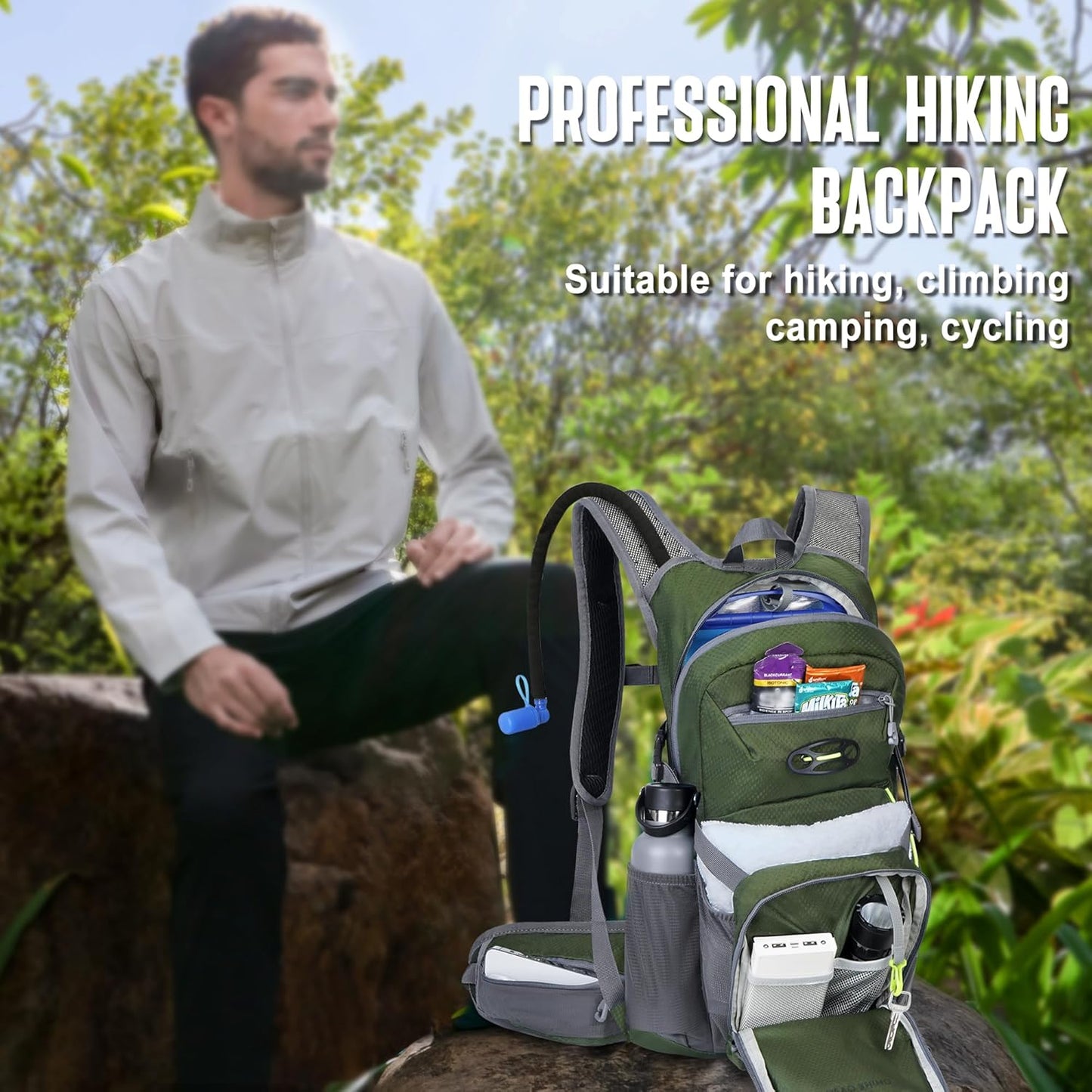 N NEVO RHINO Hydration Backpack, 18L Multipurpose Hiking Backpack with 3L Water Bladder, Water Backpack Insulated Hydration Pack Ideal for Hiking and Cycling