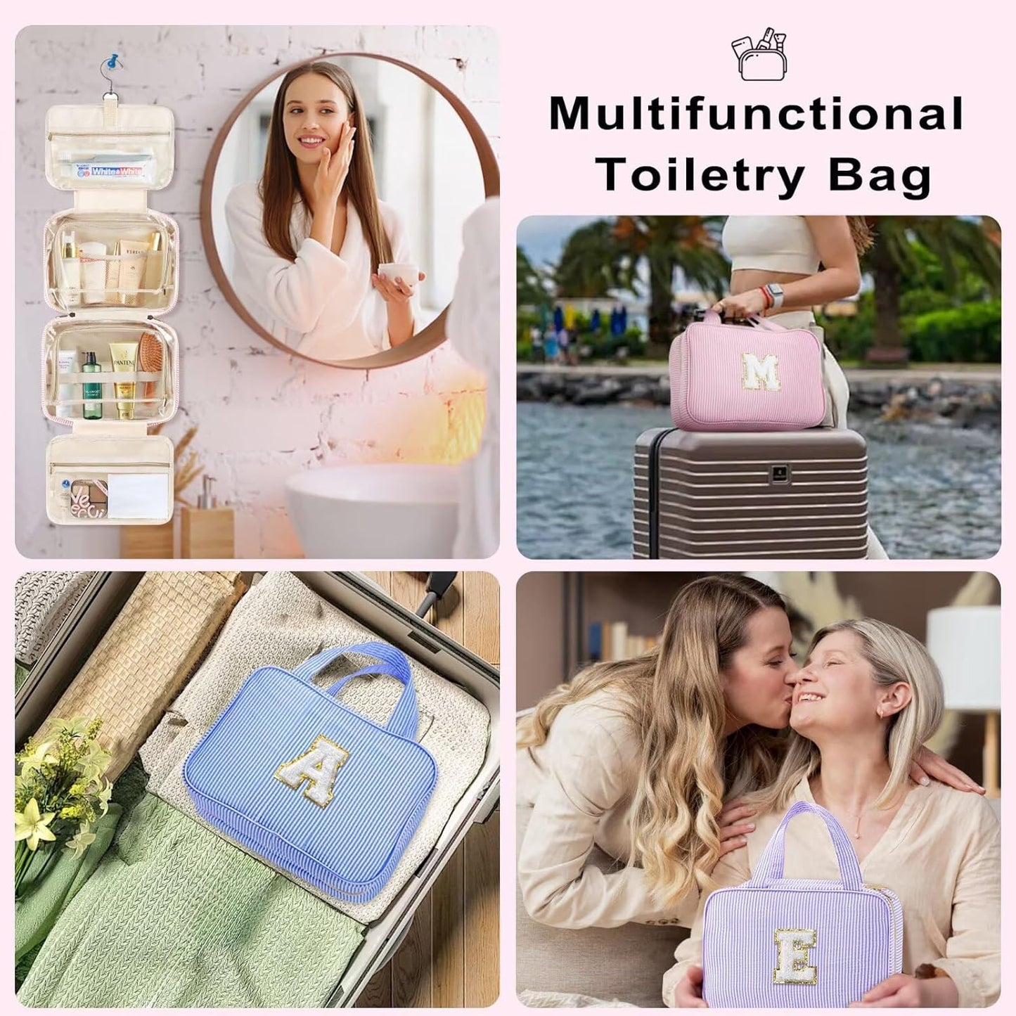 TOPEAST Teen Girl Gifts Trendy Stuff - Birthday Gifts for 7 8 9 10 11 12 13 14 15 16 17 18 Year Old Teen Girls, Hanging Toiletry Bag Initial Makeup Bag - Letter E, Pink