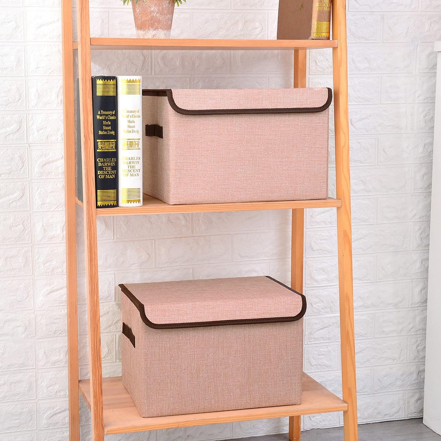 Linen Fabric Foldable Storage Cube Bin Organizer Basket with Flip-Top Lid & Handles, Large Clothes Blanket Box for Home, Office, Closet, Gray & Pink, 4 Pack 14.6 x 9.5 x 9.5”