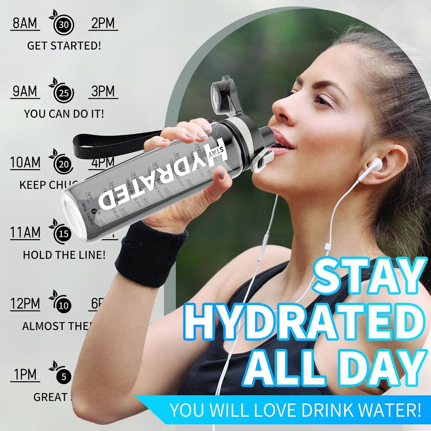 Water Bottle, 32 oz Motivational Water Bottles with Time Marker-Tritan & BPA Free, Sports Water Bottle with Time to Drink & Strap, Wide Mouth, Leakproof -Gift for Christmas Gym Fitness & Outdoor