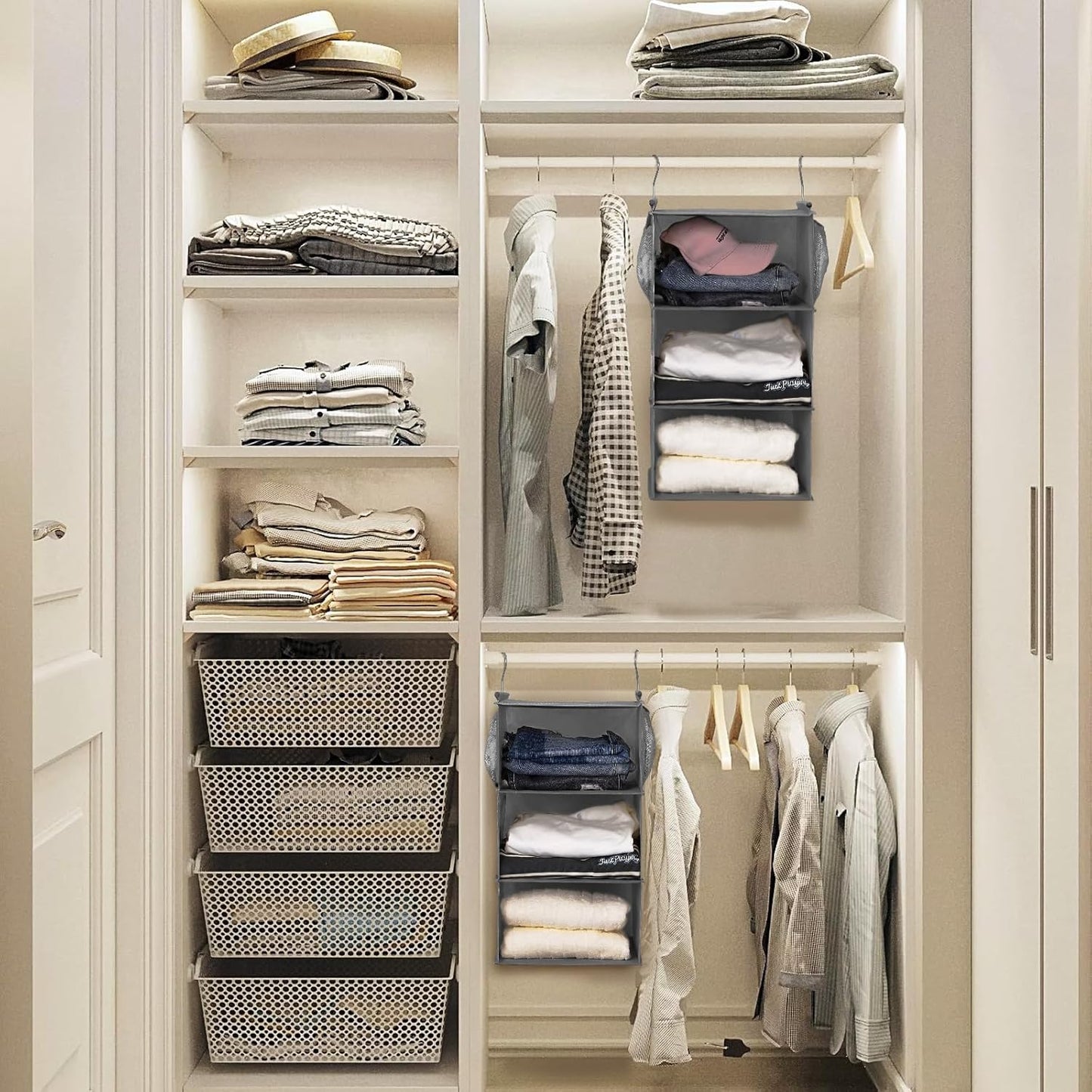 MAX Houser 3 Tier Shelf Hanging Closet Organizer, Space Saver,Closet Hanging Shelf with 2 Sturdy Hooks for Storage, Foldable (Grey)