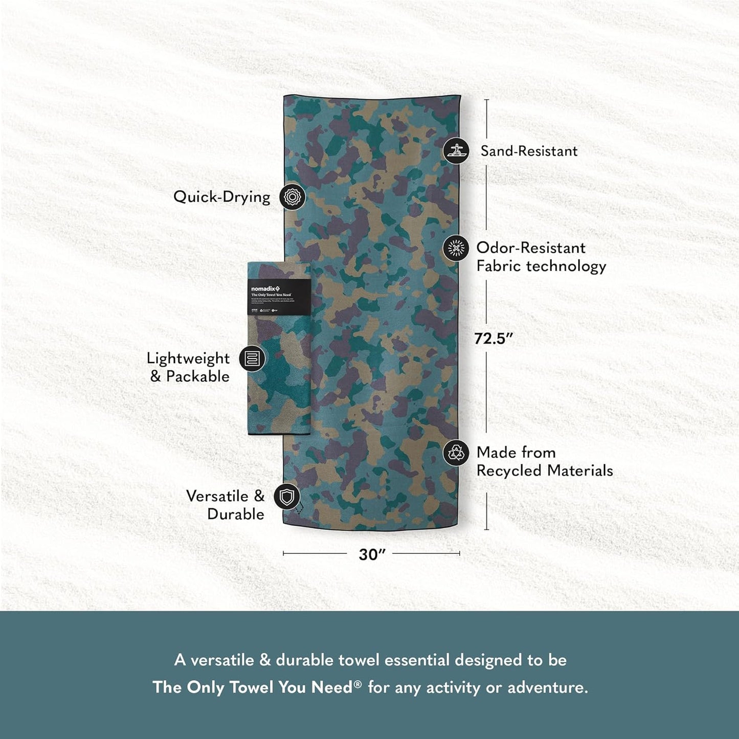 Nomadix Original Towel - Perfect for Beach, Pool, Travel, Camping, Yoga - Made with Recycled Materials - Super Absorbent - Sand Resistant - Camo Green - 72.5" x 30"